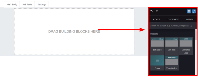 View of the building blocks in the Mail Body tab in erpsys Email Marketing application.