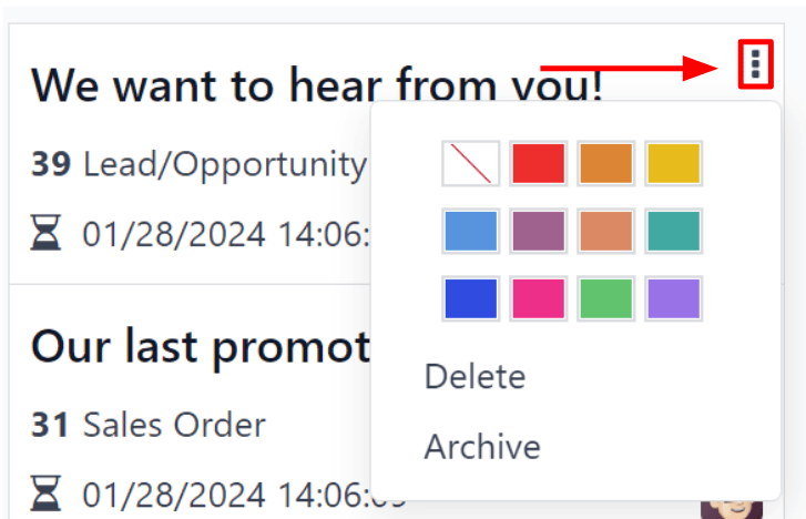 View of the three-dot drop-down menu on the erpsys Email Marketing dashboard.