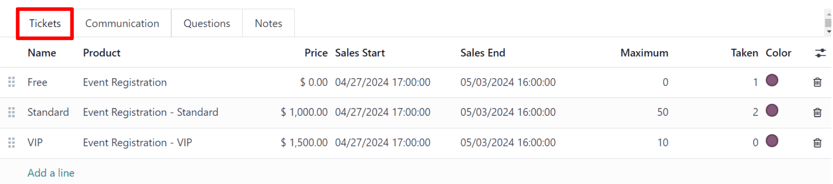 A typical tickets tab on an event form in the erpsys Events application.