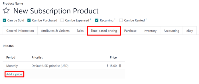 The time-based pricing tab on a subscription product form in erpsys Subscriptions.