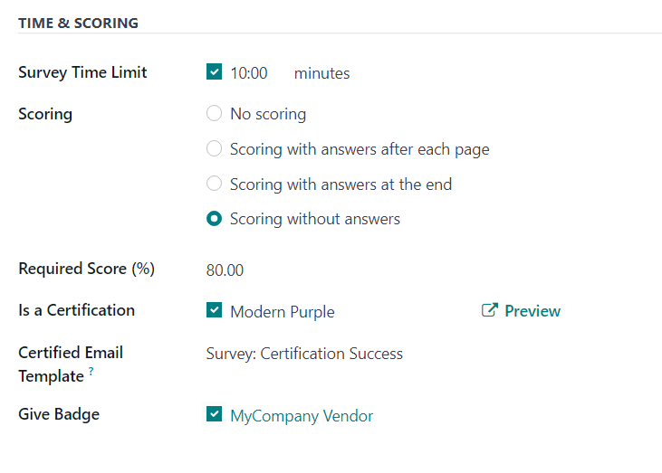 The Time and Scoring section of the Options tab on a survey form in erpsys Surveys.