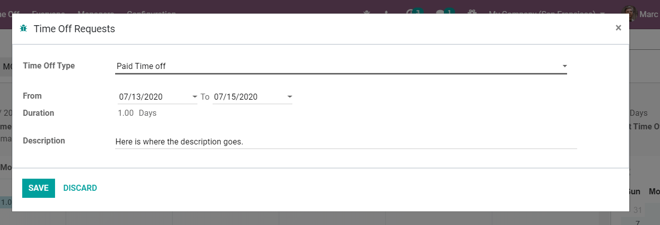View of the time off request form in erpsys Time Off