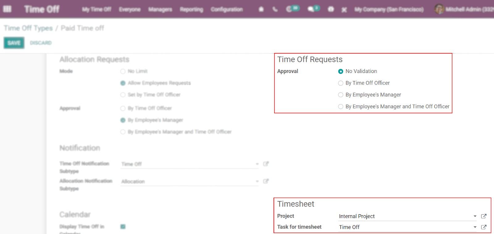 View of a time off types form emphasizing the time off requests and timesheets section in erpsys Time Off