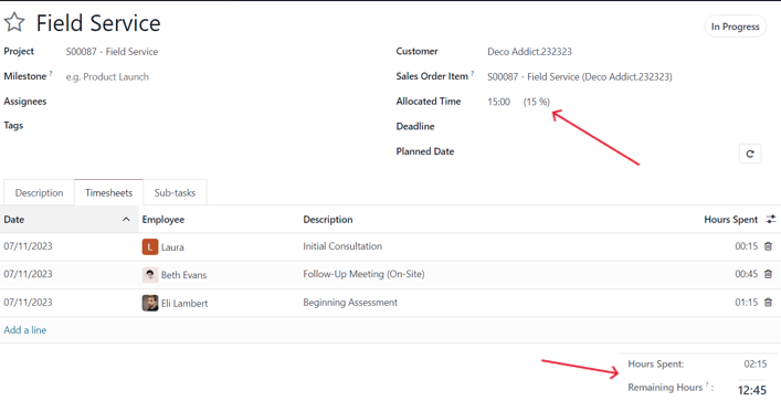 How the Timesheets tab appears on a task form in erpsys Sales and erpsys Project.