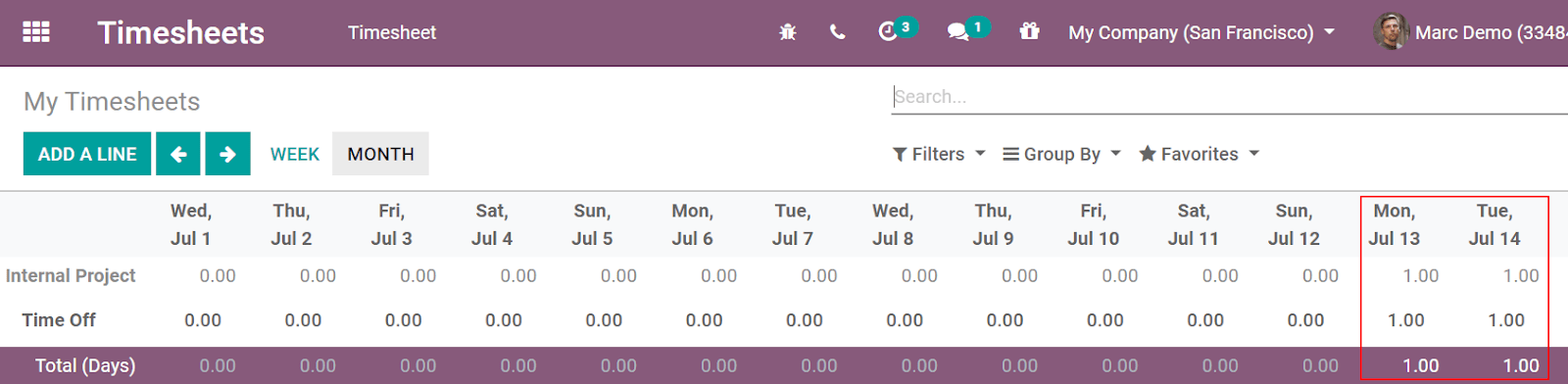 Video of timesheets emphasizing the requested time off from the employee in erpsys Timesheets