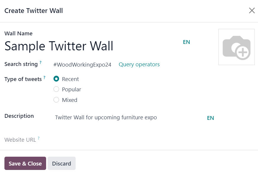 The Twitter Wall pop-up window in the erpsys Events application.