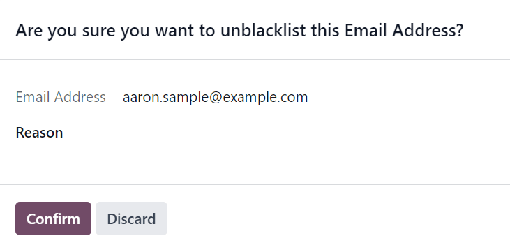 View of the unblacklist pop-up window in the erpsys Email Marketing application.