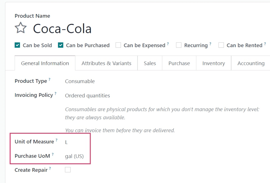 Configure a product's units of measure in erpsys