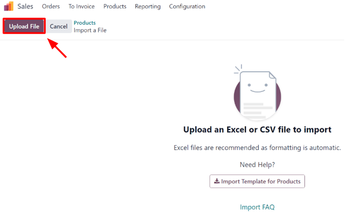 The upload file button on the import products template download page in erpsys Sales.