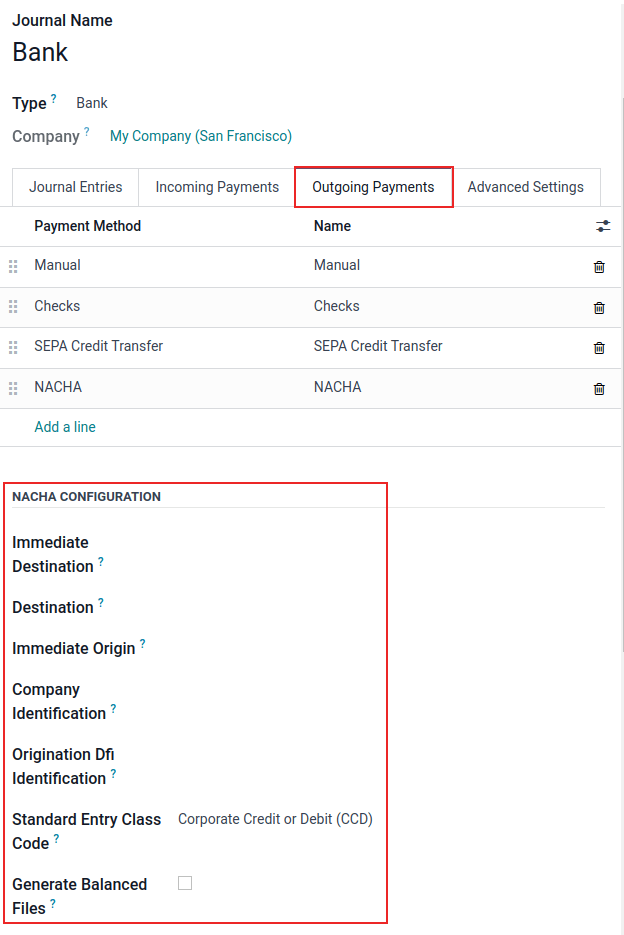 NACHA (National Automated Clearing House Association) configuration settings on Erpsys.