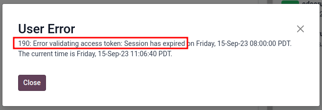 User error populated in Erpsys when token expires.