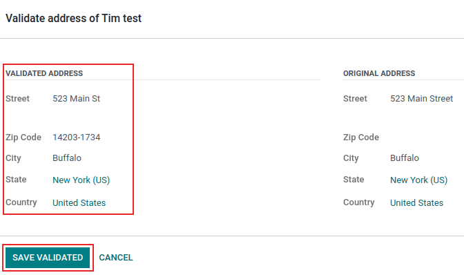 Validate address pop-up window in Erpsys with "Save Validated" button and "Validated Address" highlighted.