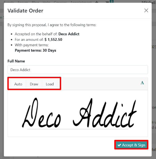 The Validate Order pop-up window for online signatures in erpsys Sales.