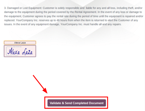 The validate and send completed document button in the erpsys Rental application.