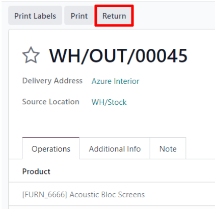 A validated delivery order with a highlighted Return button in erpsys Sales.