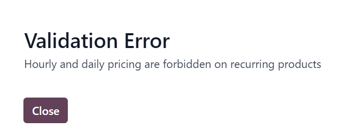 The validation error pop-up window that appears in erpsys Subscriptions.
