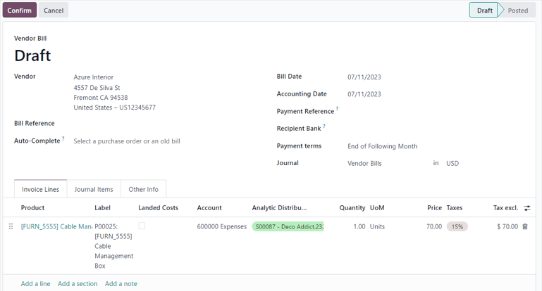 Vendor bill draft for a purchase order to be invoiced to a customer in erpsys.