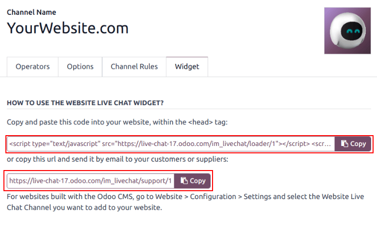 View of the widget tab for Erpsys Live Chat.