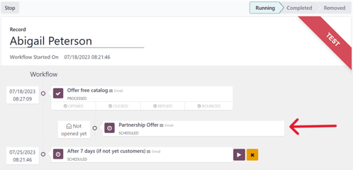 Workflow test progress in erpsys Marketing Automation.